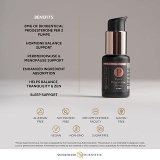 Peace Progesterone serum bottle with benefits listed on a gray background