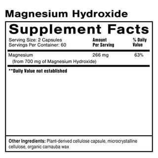 Supplement facts label for Magnesium Hydroxide with serving size, amount per serving, and other ingredients