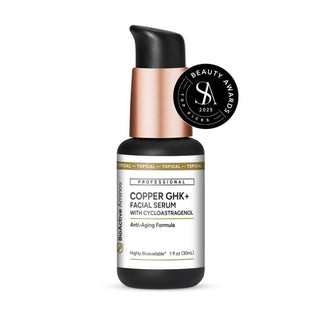 Copper GHK+ facial serum bottle with black cap on a white background
