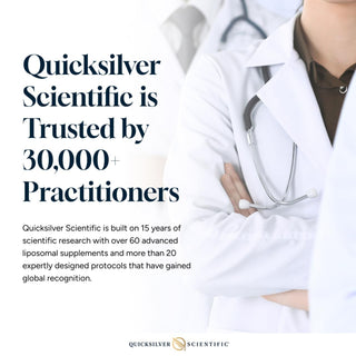 Advertisement for Quicksilver Scientific with a doctor in a white coat and stethoscope, text about trust and research.
