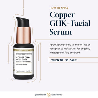 Copper GHK+ Facial Serum bottle with application instructions on a white background

