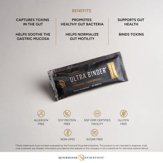 Quicksilver Scientific Ultra Binder supplement package with benefits listed on a light gray background