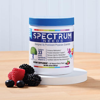 FMIHealth Spectrum Needs dietary supplement powder jar, all natural berry flavor (lifestyle image with berries)